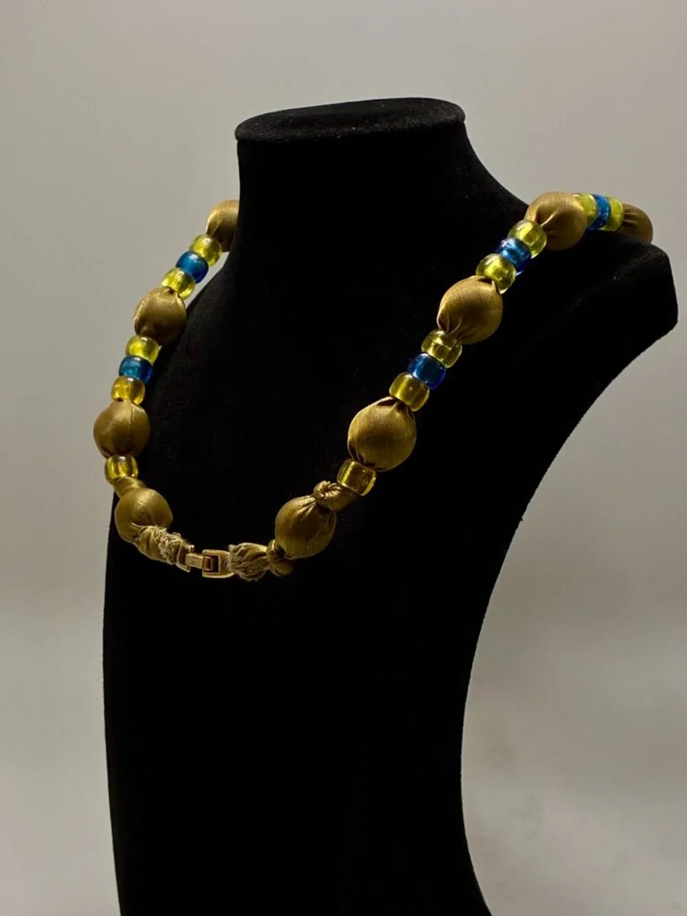 Rare Vintage Napier Runway Necklace Gold Fabric Beads Cobalt Blue Glass Accent
